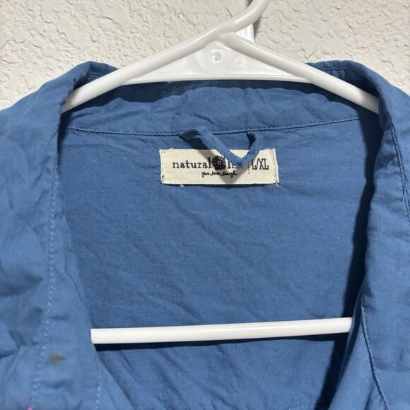 Natural Life 100% Cotton Blue Button Up Shirt Dress Gray Star Elbows L/XL - Picture 4 of 7